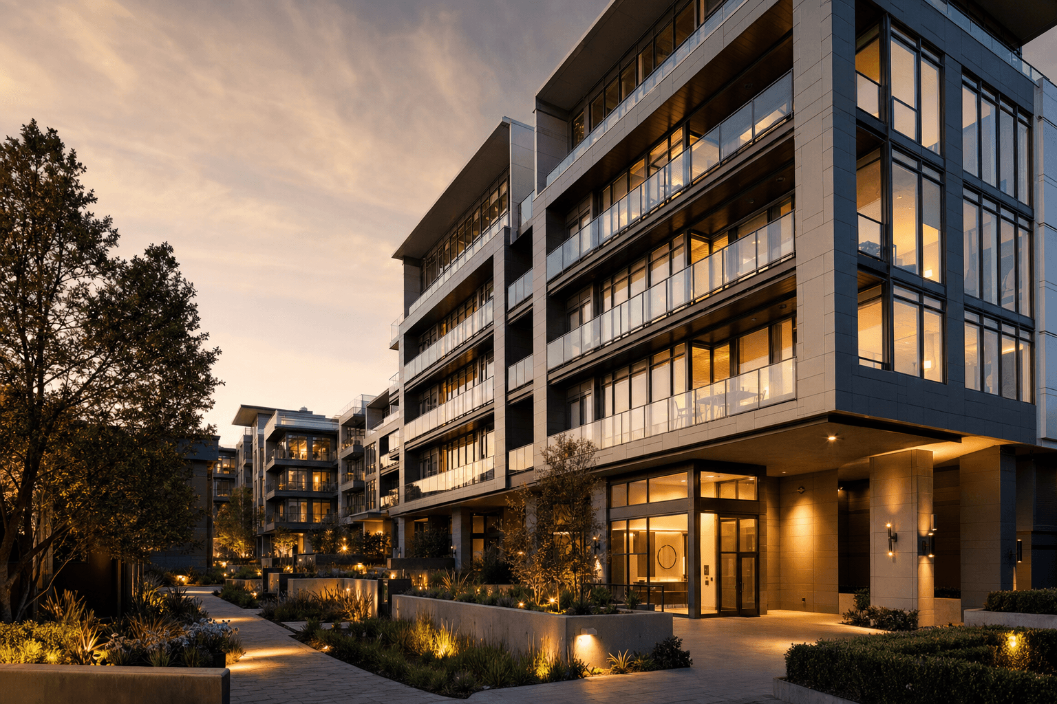 Modern luxury apartment complex at dusk